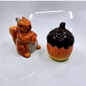 Vintage Squirrel and Acorn Ceramic Salt and Pepper Shaker Set Brown Autumn Decor